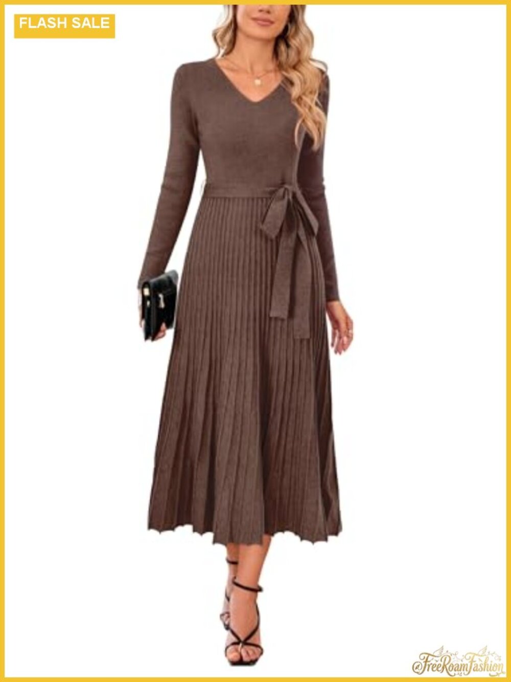 Wool Blend V Neck Tie Waist Pleated Long Sleeve Sweater Dress